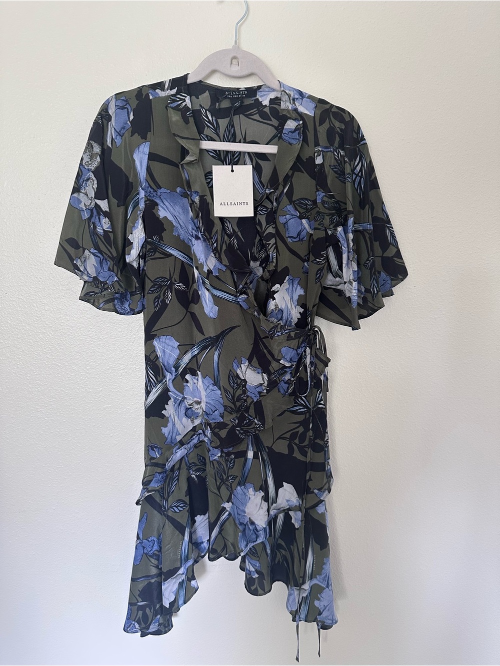 AllSaints Olive and Blue Floral High-Low Wrap Dress - Picture 3 of 6